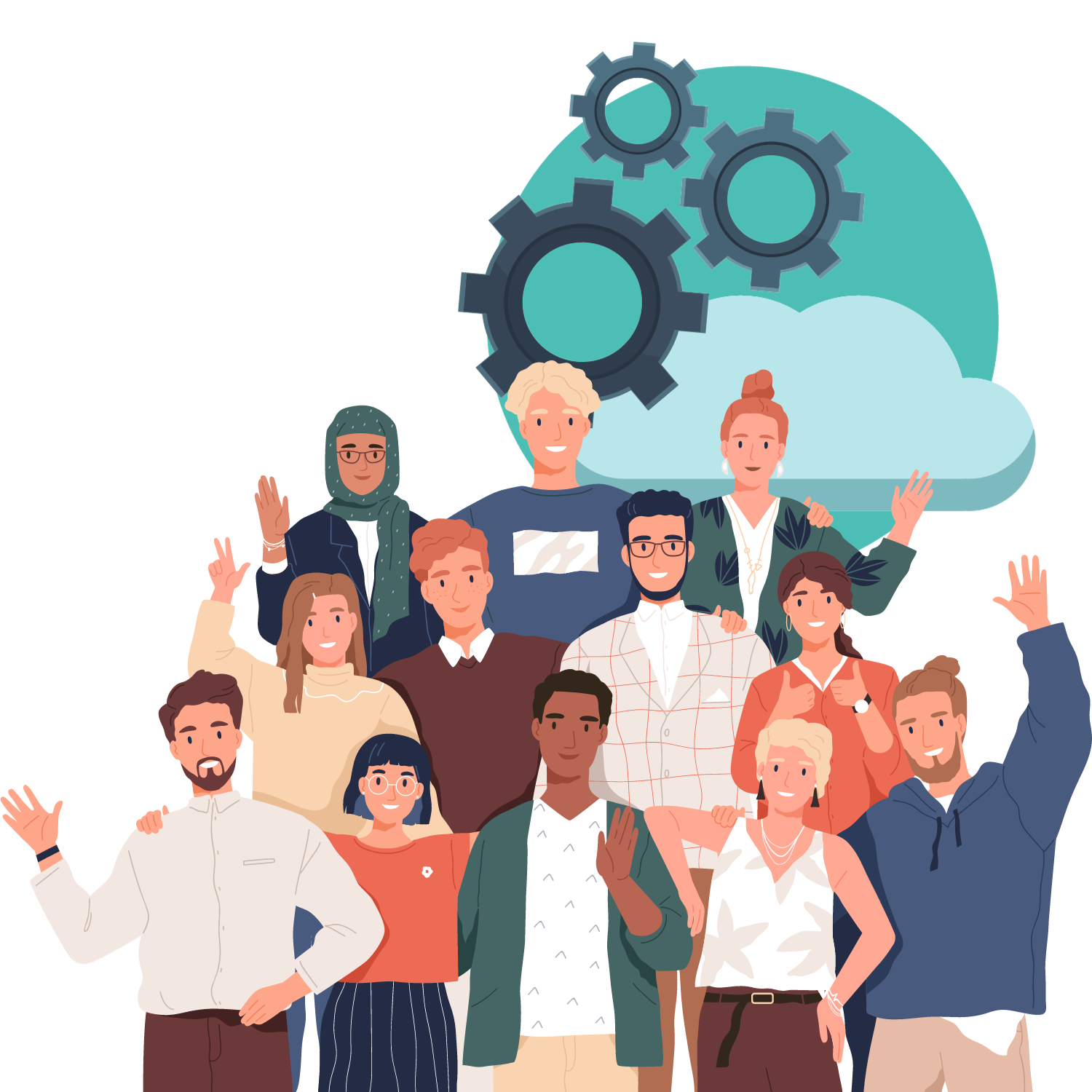 group of people waving, in front of a cloud and a cog wheel